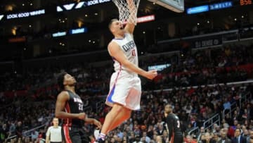 January 13, 2016; Los Angeles, CA, USA; Los Angeles Clippers center Cole Aldrich (45) scores a basket against Miami Heat during the second half at Staples Center. Mandatory Credit: Gary A. Vasquez-USA TODAY Sports