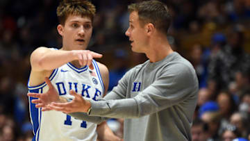 Duke basketball head coach Jon Scheyer and guard Jaden Schutt (Rob Kinnan-USA TODAY Sports)