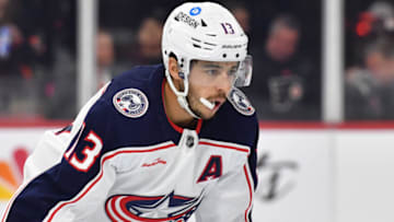 Apr 11, 2023; Philadelphia, Pennsylvania, USA; Columbus Blue Jackets left wing Johnny Gaudreau (13) against the Philadelphia Flyers at Wells Fargo Center. Mandatory Credit: Eric Hartline-USA TODAY Sports