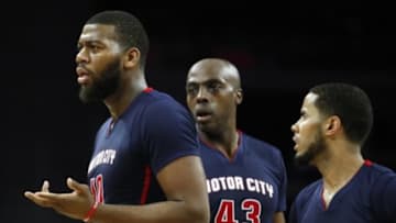 Feb 8, 2015; Auburn Hills, MI, USA; Detroit Pistons forward Greg Monroe (10) questions referee Ed Malloy (not pictured) after getting a technical foul during the second quarter against the Minnesota Timberwolves at The Palace of Auburn Hills. Mandatory Credit: Raj Mehta-USA TODAY Sports