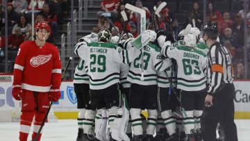 Apr 10, 2023; Detroit, Michigan, USA; Dallas Stars center Joe Pavelski (16) receives congratulations from teammates after scoring in the second period against the Detroit Red Wings at Little Caesars Arena. Mandatory Credit: Rick Osentoski-USA TODAY Sports