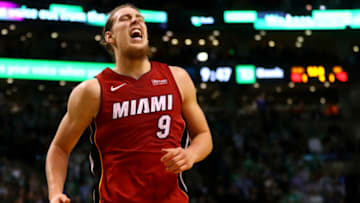 BOSTON, MA - DECEMBER 20: Kelly Olynyk #9 of the Miami Heat reacts to an injury during the second half against the Boston Celtics at TD Garden on December 20, 2017 in Boston, Massachusetts. The Heat defeat the Celtics 90-89. (Photo by Maddie Meyer/Getty Images)