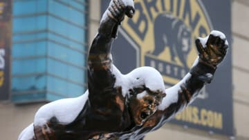 BOSTON - FEBRUARY 11: The statue of Bruins Bobby Orr outside TD Garden is covered in snow after the overnight snowstorm, Feb. 11, 2017. The statue depicts Orr's 1970 Stanley Cup winning overtime goal. (Photo by John Tlumacki/The Boston Globe via Getty Images)