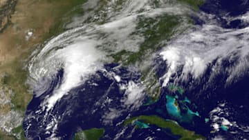 UNITED STATES, GULF COAST - AUGUST 28: In this NOAA handout image, NOAA's GOES East satellite capture of Tropical Storm Harvey as it churns 13:45 UTC on August 28, 2017 on the mid-Texas coast. Harvey, which made landfall north of Corpus Christi late Friday evening, is expected to dump upwards to 40 inches of rain in areas of Texas over the next couple of days. (Photo by NOAA GOES Project via Getty Images)