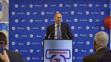PHILADELPHIA, PA - APRIL 03: Bryan Colangelo talks to the media during the announment of the unveiling of the Doctor J sculpture on April 3, 2018 at the Legends Walk at the practice facility in Camden, New Jersey. NOTE TO USER: User expressly acknowledges and agrees that, by downloading and or using this photograph, User is consenting to the terms and conditions of the Getty Images License Agreement. Mandatory Copyright Notice: Copyright 2018 NBAE (Photo by David Dow/NBAE via Getty Images)