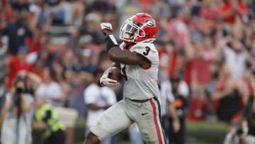 Oct 9, 2021; Auburn, Alabama, USA; Georgia Bulldogs running back Zamir White (3) scores a touchdown against the Auburn Tigers during the fourth quarter Jordan-Hare Stadium. Mandatory Credit: John Reed-USA TODAY Sports