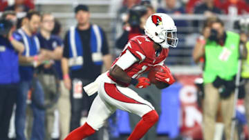 Jan 16, 2016; Glendale, AZ, USA; Arizona Cardinals wide receiver J.J. Nelson (14) against the Green Bay Packers during an NFC Divisional round playoff game at University of Phoenix Stadium. Mandatory Credit: Mark J. Rebilas-USA TODAY Sports