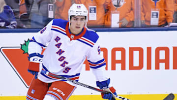 TORONTO, ON - MARCH 23: New York Rangers Defenceman John Gilmour (58) in warmups prior to the regular season NHL game between the New York Rangers and Toronto Maple Leafs on March 23, 2019 at Scotiabank Arena in Toronto, ON. (Photo by Gerry Angus/Icon Sportswire via Getty Images)