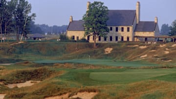 KOHLER, WI - SEPTEMBER 2: General view of the Clubhouse and the par 4 18th hole at Whistling Straits Golf Course, site of the 2004 PGA Championship on September 2, 2003 in Kohler, Wisconsin. Rough terrain features many holes along Lake Michigan. (Photo by PGA of America/Getty Images)