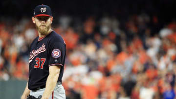 HOUSTON, TEXAS - OCTOBER 29: Stephen Strasburg #37 of the Washington Nationals prepares to deliver the pitch against the Houston Astros during the second inning in Game Six of the 2019 World Series at Minute Maid Park on October 29, 2019 in Houston, Texas. (Photo by Mike Ehrmann/Getty Images)
