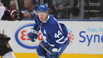 Morgan Rielly #44 of the Toronto Maple Leafs skates against the Ottawa Senators during an NHL game. (Photo by Claus Andersen/Getty Images)