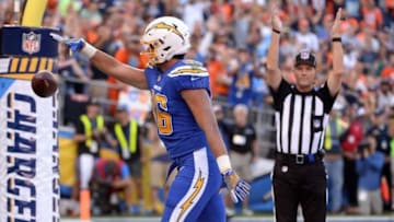 Oct 13, 2016; San Diego, CA, USA; San Diego Chargers tight end Hunter Henry (86) celebrates after scoring a touchdown during the first quarter of the game against the Denver Broncos at Qualcomm Stadium. Mandatory Credit: Orlando Ramirez-USA TODAY Sports