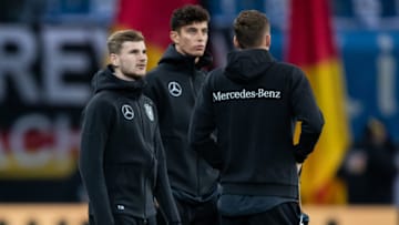 LEIPZIG, GERMANY - NOVEMBER 15: Timo Werner of Germany (L) and team mate Kai Havertz (C) look on ahead of the International Friendly match between Germany and Russia at Red Bull Arena on November 15, 2018 in Leipzig, Germany. (Photo by Simon Hofmann/Getty Images)