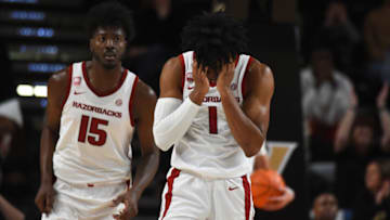 Jan 14, 2023; Nashville, Tennessee, USA; Arkansas Razorbacks guard Ricky Council IV (1) reacts after a play during the second half against the Vanderbilt Commodores at Memorial Gymnasium. Mandatory Credit: Christopher Hanewinckel-USA TODAY Sports