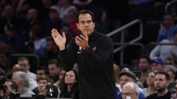 Erik Spoelstra, Head Coach of the Miami Heat in action againsdt the New York Knicks (Photo by Al Bello/Getty Images)