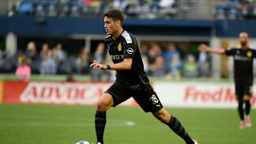 SEATTLE, WA - JULY 17: Borussia Dortmund forward Gio Reyna (38) in action during an International friendly against the Seattle Sounders on July 17, 2019, at Century Link Field in Seattle, WA. (Photo by Jeff Halstead/Icon Sportswire via Getty Images)