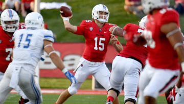 MUNCIE, IN - AUGUST 30: Riley Neal #15 of the Ball State Cardinals passes the ball during the game against the Central Connecticut State Blue Devils on August 30, 2018 in Muncie, Indiana. (Photo by Bobby Ellis/Getty Images)