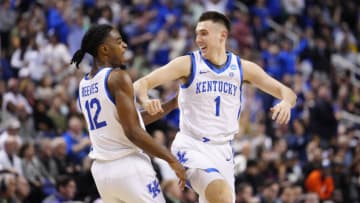Kentucky Wildcats guards CJ Fredrick and Antonio Reeves celebrate in NCAA Tournament. Getty Images.