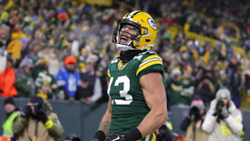 GREEN BAY, WISCONSIN - JANUARY 08: Allen Lazard #13 of the Green Bay Packers celebrates after catching a touchdown pass during the third quarter against the Detroit Lions at Lambeau Field on January 08, 2023 in Green Bay, Wisconsin. (Photo by Stacy Revere/Getty Images)