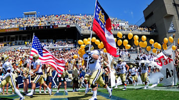 ATLANTA, GA - SEPTEMBER 9: Members of the Georgia Tech Yellow Jackets take the field before the game against Jacksonville State Gamecocks on September 9, 2017 in Atlanta, Georgia. Photo by Scott Cunningham/Getty Images)