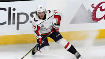 LAS VEGAS, NV - JUNE 07: T.J. Oshie #77 of the Washington Capitals skates with the puck against the Vegas Golden Knights in the first period of Game Five of the 2018 NHL Stanley Cup Final at T-Mobile Arena on June 7, 2018 in Las Vegas, Nevada. The Capitals defeated the Golden Knights 4-3. (Photo by Ethan Miller/Getty Images)
