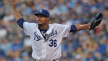 Jun 13, 2016; Kansas City, MO, USA; Kansas City Royals pitcher Edinson Volquez (36) reacts after walking the first two Cleveland Indians batters during the first inning at Kauffman Stadium. Mandatory Credit: Peter G. Aiken-USA TODAY Sports