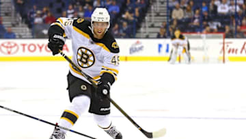 Oct 6, 2016; Columbus, OH, USA; Boston Bruins defenseman Joe Morrow (45) against the Columbus Blue Jackets during a preseason hockey game at Nationwide Arena. The Bruins won 2-1. Mandatory Credit: Aaron Doster-USA TODAY Sports