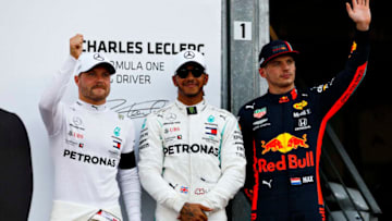 MONTE-CARLO, MONACO - MAY 25: Top three qualifiers Lewis Hamilton of Great Britain and Mercedes GP, Valtteri Bottas of Finland and Mercedes GP and Max Verstappen of Netherlands and Red Bull Racing celebrate in parc ferme during qualifying for the F1 Grand Prix of Monaco at Circuit de Monaco on May 25, 2019 in Monte-Carlo, Monaco. (Photo by Will Taylor-Medhurst/Getty Images)