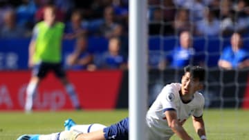 LEICESTER, ENGLAND - SEPTEMBER 21: Heung-Min Son of Tottenham Hotspur reacts during the Premier League match between Leicester City and Tottenham Hotspur at The King Power Stadium on September 21, 2019 in Leicester, United Kingdom. (Photo by Stephen Pond/Getty Images)