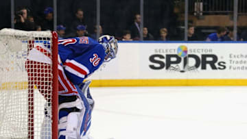 NEW YORK, NY - APRIL 21: Henrik Lundqvist #30 of the New York Rangers pauses following a first period goal by Conor Sheary #43 of the Pittsburgh Penguins which put the Rangers in a 3-0 hole in Game Four of the Eastern Conference First Round during the 2016 NHL Stanley Cup Playoffs at Madison Square Garden on April 21, 2016 in New York City. (Photo by Bruce Bennett/Getty Images)