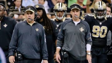 Dec 6, 2015; New Orleans, LA, USA; New Orleans Saints head coach Sean Payton (L) and defensive coordinator Dennis Allen (R) look on from the sideline during the second half of a game against the Carolina Panthers at Mercedes-Benz Superdome. The Panthers won 41-38. Mandatory Credit: Derick E. Hingle-USA TODAY Sports