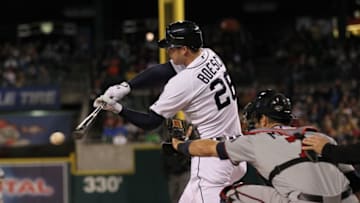 DETROIT, MI - SEPTEMBER 23: Brennan Boesch #26 of the Detroit Tigers makes contact against the Minnesota Twins at Comerica Park on September 23, 2012 in Detroit, Michigan. The Twins won inn extra innings 2-1 (Photo by Dave Reginek/Getty Images)
