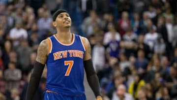 Dec 10, 2015; Sacramento, CA, USA; New York Knicks forward Carmelo Anthony (7) reacts between plays against the Sacramento Kings during the fourth quarter at Sleep Train Arena. The Sacramento Kings defeated the New York Knicks 99-97. Mandatory Credit: Kelley L Cox-USA TODAY Sports