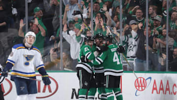 DALLAS, TX - MAY 1: Ben Lovejoy #21, Roope Hintz #24, Alexander Radulov #47 and the Dallas Stars celebrate a goal against the St. Louis Blues in Game Four of the Western Conference Second Round during the 2019 NHL Stanley Cup Playoffs at the American Airlines Center on May 1, 2019 in Dallas, Texas. (Photo by Glenn James/NHLI via Getty Images)