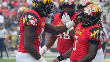 Sep 3, 2016; College Park, MD, USA; Maryland Terrapins quarterback Tyrrell Pigrome (3) celebrates his touchdown run against the Howard Bisons at Byrd Stadium. Mandatory Credit: Mitch Stringer-USA TODAY Sports