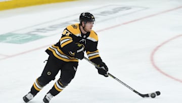 BOSTON, MA - MAY 9: Torey Krug #47 of the Boston Bruins skates with the puck against the Carolina Hurricanes in Game One of the Eastern Conference Final during the 2019 NHL Stanley Cup Playoffs at the TD Garden on May 9, 2019 in Boston, Massachusetts. (Photo by Steve Babineau/NHLI via Getty Images)