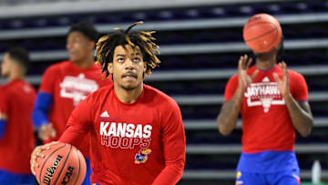 FORT MYERS, FLORIDA - NOVEMBER 26: Latrell Jossell #4 of the Kansas Jayhawks of the Kansas Jayhawks warms up prior to the game against the Gonzaga Bulldogs during the Rocket Mortgage Fort Myers Tip-Off at Suncoast Credit Union Arena on November 26, 2020 in Fort Myers, Florida. (Photo by Douglas P. DeFelice/Getty Images)