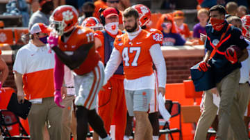 Oct 24, 2020; Clemson, South Carolina, USA; Clemson linebacker James Skalski (47) on the sidelines during their game against Syracuse at Memorial Stadium. Mandatory Credit: Ken Ruinard-USA TODAY Sports