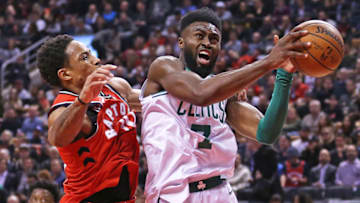 TORONTO, ON - FEBRUARY 6: Jaylen Brown #7 of the Boston Celtics battles against DeMar DeRozan #10 of the Toronto Raptors in an NBA game at the Air Canada Centre on February 6, 2018 in Toronto, Ontario, Canada. The Raptors defeated Celtics 111-91. NOTE TO USER: user expressly acknowledges and agrees by downloading and/or using this Photograph, user is consenting to the terms and conditions of the Getty Images Licence Agreement. (Photo by Claus Andersen/Getty Images)