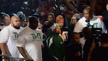 Sep 12, 2014; Las Vegas, NV, USA; Floyd Mayweather enters for the weigh-in for his WBC Superwelter weight title fight against Marcos Maidana (not pictured) at the MGM Grand Garden Arena. Mandatory Credit: Jayne Kamin-Oncea-USA TODAY Sports