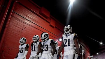 LOS ANGELES, CA - AUGUST 25: Aqib Talib #21, Nickell Robey-Coleman #23, Marqui Christian #41 and Dominique Hatfield #36 of the Los Angeles Rams head to the field before a preseason game against the Houston Texans at Los Angeles Memorial Coliseum on August 25, 2018 in Los Angeles, California. (Photo by Harry How/Getty Images)