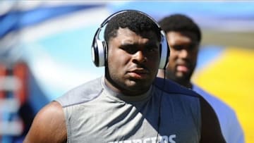 Sep 29, 2013; San Diego, CA, USA; San Diego Chargers offensive tackle D.J. Fluker (76) prior to the game against the Dallas Cowboys at Qualcomm Stadium. Mandatory Credit: Christopher Hanewinckel-USA TODAY Sports