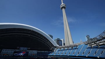 TORONTO, ON - AUGUST 16: A general view of an empty Rogers Centre during batting practice and the CN Tower overhead before the start of the Toronto Blue Jays MLB game against the Tampa Bay Rays at Rogers Centre on August 16, 2017 in Toronto, Canada. (Photo by Tom Szczerbowski/Getty Images) *** Local Caption ***