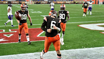 CLEVELAND, OHIO - DECEMBER 14: Baker Mayfield #6 of the Cleveland Browns celebrates a touchdown during the fourth quarter in the game against the Baltimore Ravens at FirstEnergy Stadium on December 14, 2020 in Cleveland, Ohio. (Photo by Jason Miller/Getty Images)