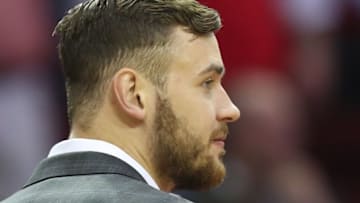 May 12, 2015; Houston, TX, USA; Houston Rockets forward Donatas Motiejunas (20) listens as the Los Angeles Clippers call a timeout in game five of the second round of the NBA Playoffs at Toyota Center. Rockets won 124 to 103. Mandatory Credit: Thomas B. Shea-USA TODAY Sports
