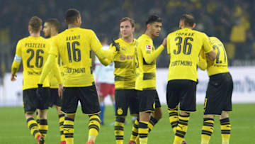 DORTMUND, GERMANY - FEBRUARY 10: 'nThe team of Dortmund celebrates after winning the Bundesliga match between Borussia Dortmund and Hamburger SV at Signal Iduna Park on February 10, 2018 in Dortmund, Germany. (Photo by TF-Images/Getty Images)