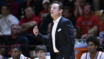 Jan 27, 2016; Blacksburg, VA, USA; Louisville Cardinals head coach Rick Pitino looks on in the first half of the game against the Virginia Tech Hokies at Cassell Coliseum. Mandatory Credit: Michael Shroyer-USA TODAY Sports