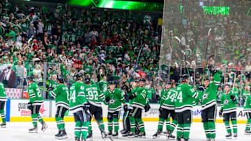 May 7, 2022; Dallas, Texas, USA; The Dallas Stars team and Stars fans celebrate the win over the Calgary Flames in game three of the first round of the 2022 Stanley Cup Playoffs at American Airlines Center. Mandatory Credit: Jerome Miron-USA TODAY Sports