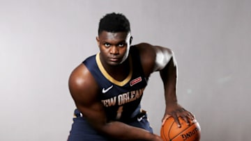 MADISON, NEW JERSEY - AUGUST 11: Zion Williamson of the New Orleans Pelicans poses for a portrait during the 2019 NBA Rookie Photo Shoot on August 11, 2019 at the Ferguson Recreation Center in Madison, New Jersey. (Photo by Elsa/Getty Images)