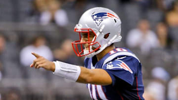 Aug 22, 2015; New Orleans, LA, USA; New England Patriots quarterback Jimmy Garoppolo (10) against the New Orleans Saints during the second half of a preseason game at the Mercedes-Benz Superdome. The Patriots defeated the Saints 26-24. Mandatory Credit: Derick E. Hingle-USA TODAY Sports